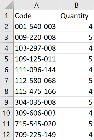 Spreadsheet displaying template for ordering with product codes and item quantity